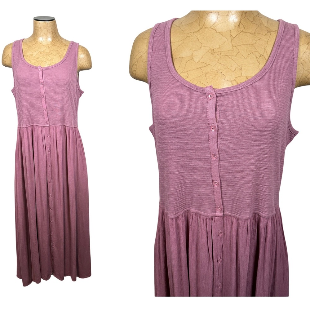 Frye Mauve Pink Ribbed Button Front Sleeveless Midi Dress Size L Pockets‎